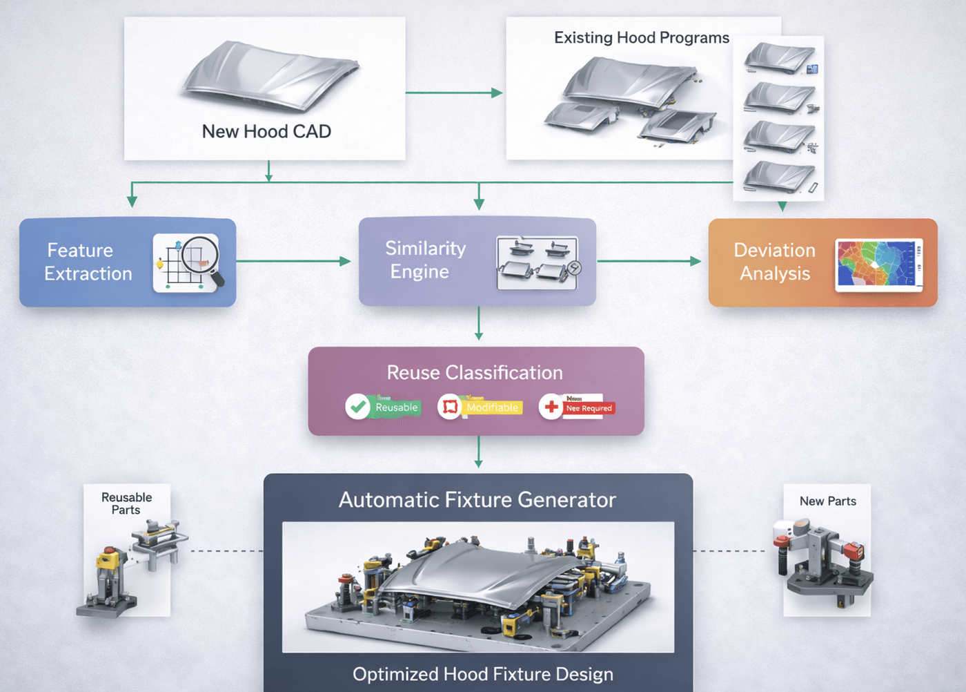 Fixture design flow from new CAD through similarity matching and reuse classification to a generated fixture