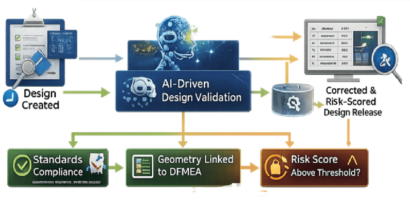Validation flow linking a released design to standards compliance, DFMEA geometry and a risk score