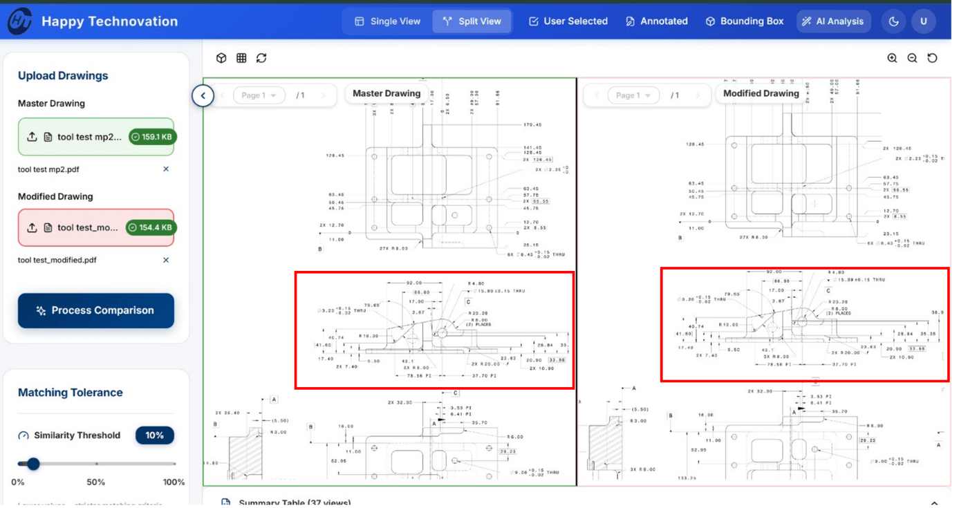 Drawing comparison tool showing a master and modified drawing side by side with differences highlighted