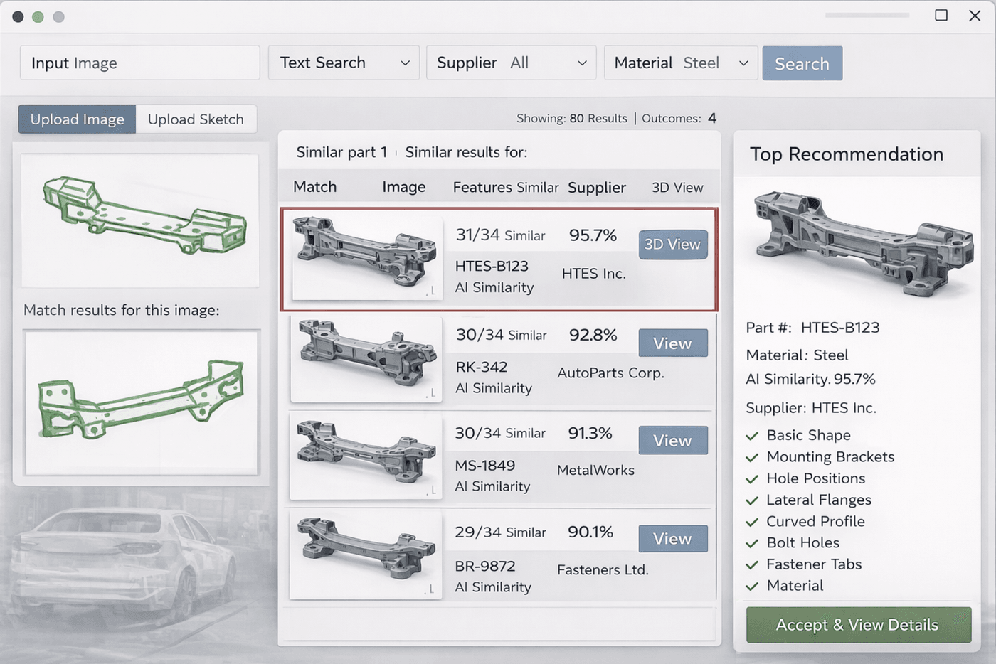 Shape search results ranking existing parts by geometric similarity to an uploaded model