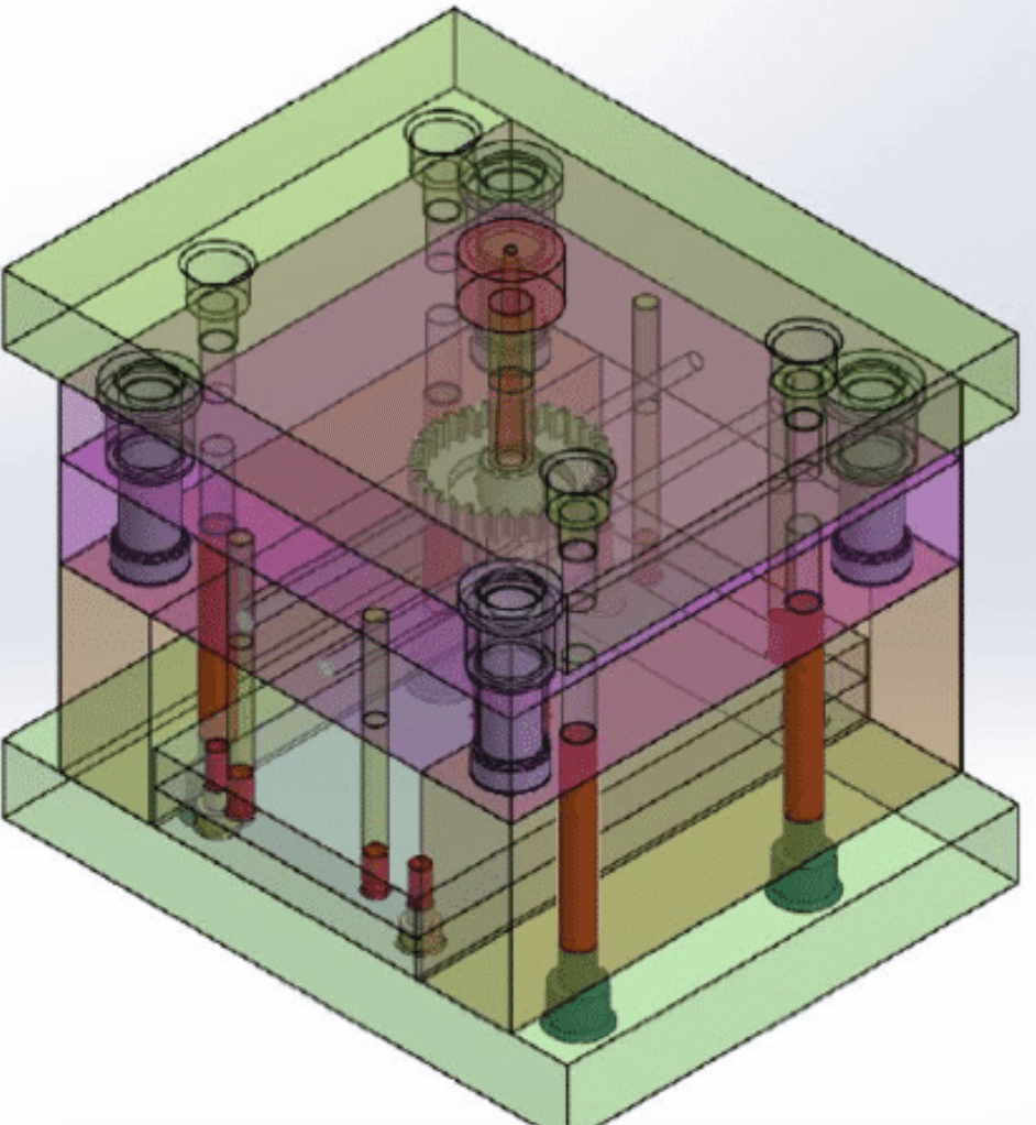 Transparent mould base showing ejector pin placement through the plate stack